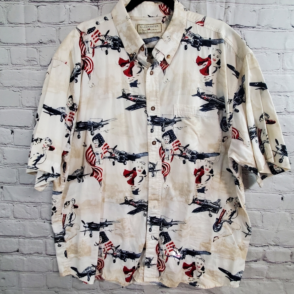 Clearwater Outfitters Vtg WW11 Pinup Girl Vtg Plane And Flag Mens XL Shirt EUC